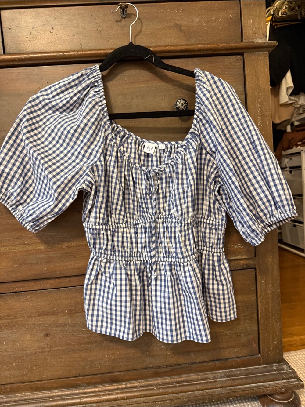 GAP Blue Gingham Puff-Sleeve Peplum Blouse